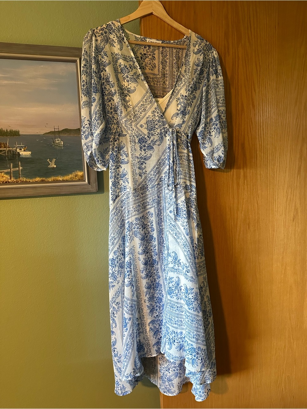 Calvin Klein Blue and White Floral Wrap Dress